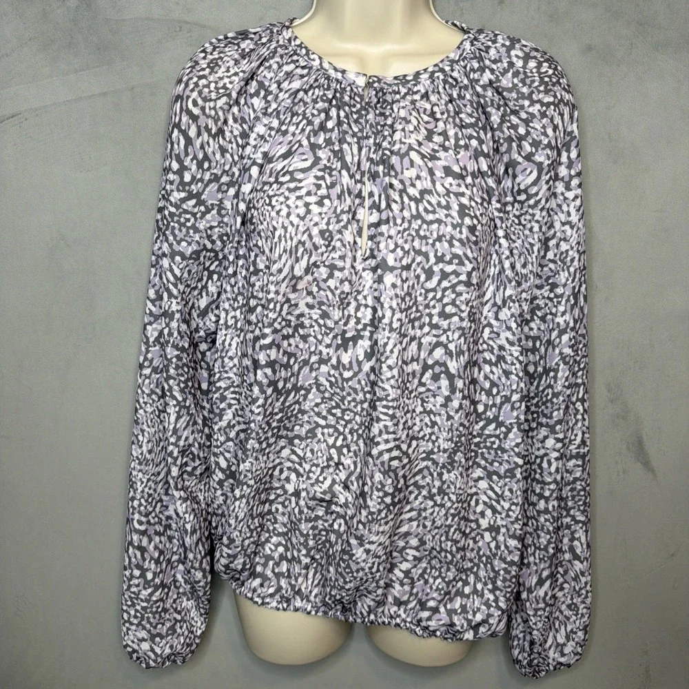 Ramy Brook Womens Abstract Print Blouse Gray Purple Long Sleeve Keyhole Top